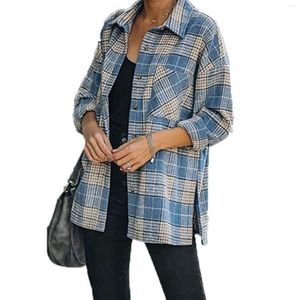 Women's Blouses Flannel Plaid Shirts Light Weight Thin Jacket Long Sleeve Button Down Chest Pocketed Coats Blusas Para Mujer