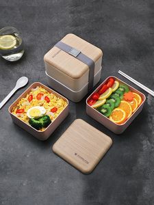 Bento Boxes Square Lunch Box Grid 2 Lager färsk skål Mikrovågsisolering Tabellådor Studentlådor med lock Spoon Chopstick Bento -behållare 231013