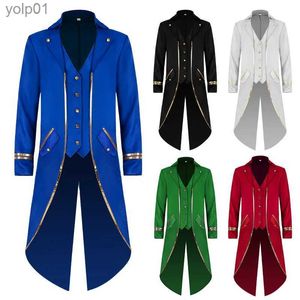 Men's Wool Blends 2023 New Halloween Tuxedo Men's Gothic Jacket Steampunk Tailcoat Long Coat Halloween Medieval Come Frock Gold Trim Fit CoatL231017