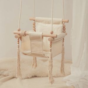 Huśtawki Skoczki Bauncers Baby Canvas Swing krzesło wiszące drewno dzieci przedszkole zabawki na zewnątrz osobowości wewnętrznej frędzle kołyszące się bujanie dla dzieci 231017