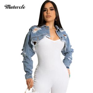 Women's Jackets Mutevole Long Sleeve Ripped Crop Denim Jacket Women Sexy Hole Hollow Out Jeans Coat Spring Autumn Turn Down Collar Cropped Tops 231016