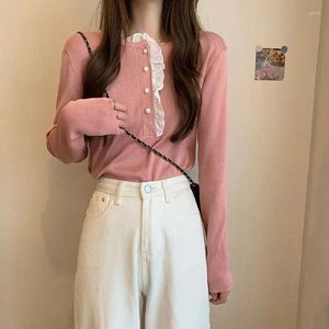 Kadın Sweaters Korejepo Dantel Daimi Boyun Gömlek Yamalı Örme Kadınlar Uzun Kollu Top Sonbahar 2023 İnce Feating Çok yönlü alt gömlek