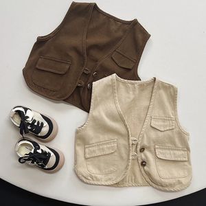 Weste Baby Ärmellose Denim Weste Casual Kinder Weste Jacke Lose Jungen Tasche Weste Mantel Herbst Mode Mädchen Baumwolle Weste Kleidung 231016