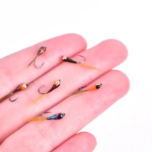 Przynęty Przynęty 6pcs Tungsten Perdigon Nymph Małe koraliki Fly Rainbow Brown Trout Grayl Brook Szybki zlew 231017