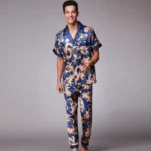 Ssh021 outono verão loungewear manga curta calças compridas conjunto de pijama masculino impresso cetim seda pijamas masculinos pijamas j287i