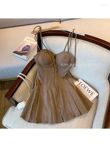Casual Dresses Brown Fashion Vintage Sleeveless Retro Pleated Short 2023 Summer Women's Sexy Suspenders Dress Female In Clothes