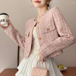 Jaquetas femininas lantejoulas tweed casaco curto 2023 outono elegante o-pescoço manga longa jaqueta feminina moda de luxo ol outwear roupas