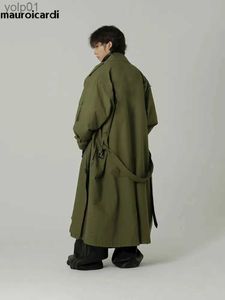 Men's Wool Blends Mauroicardi Spring Autumn Cool Long Army Green Oversized Overcoat Men Sashes Loose Luxury Designer Clothing Cargo Coat 2023L231017