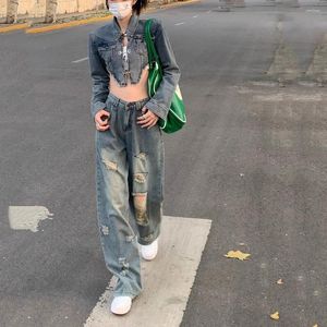 Women's Two Piece Pants Streetwear Sets For Women 2 Pieces Sexy Cropped Denim Jackets Fashion High Waist Patch Jeans Womens Ins Y2k Suits