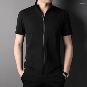 Men's T Shirts Zipper Black Beige Stand Collar Blouse Large Size Business Work Office Wear 2024 Stylish Clothing Husband Dress Casual