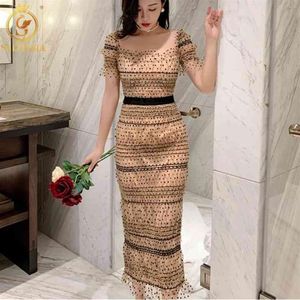 Summer Short Sleeve Self Portrait Dress Women Square Collar Sexy Mesh Polka Dot Bodycon Designer Runway Vestidos 210520271G