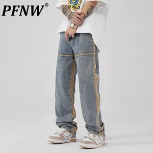 Men's Jeans PFNW American High Street Patchwork Workwear Tide Denim Pants Straight Casual Color Contrast Trousers 12Z4340