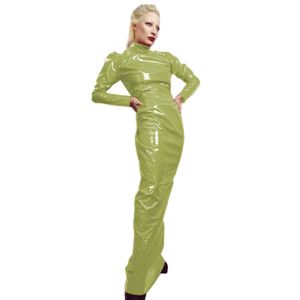 Wetlook-PVC-Leder-Trikot-Maxikleid mit Rollkragen, langen Ärmeln, figurbetontes Humpelkleid, Fetisch-Gothic-Party-Club-Abendkleider S-7XLAnime-Kostüme