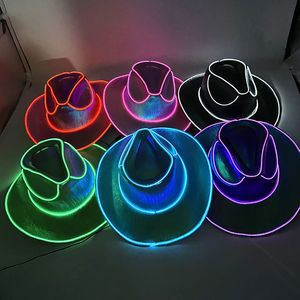 Шляпы с широкими полями Панамы Хэллоуин Рождество EL Wire Light Up Sequin Jazz Hat Взрослая неоновая светодиодная светящаяся фестивальная кепка для вечеринки для мужчин и женщин 231016