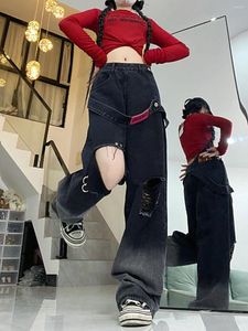 Jeans masculinos americano picante menina dopamina perfurada perna reta mulheres outono design cintura alta calças soltas y2k roupas