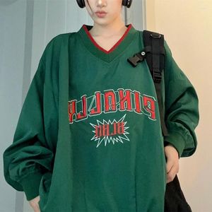 Women's Hoodies Vintgae Green V-neck Loose Baseball Sweatshirt Letter Embroidery Hip Hop Oversized Hoodie Tops Casual Harajuku Couples