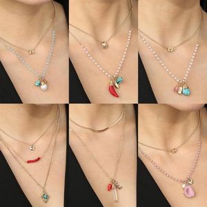 Pendanthalsband Vintage Fashion Multi-Layered Chain Natural Stone Necklace For Women Gold Metal Pearl Choker TREEATER JEWELRY242C