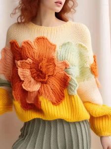 Damenpullover Candy Yellow Vintage Gestrickte Damen Top Herbst und Witnter Elegante erweiterte lose 3D-Blumenpullover Kleidung