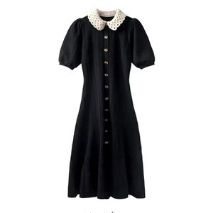 Черное французское платье с кукольным вырезом и объемными рукавами, длинное вязаное платье, длинное платье премиум-класса, женское летнее платье