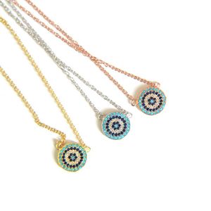 100% 925 Sterling Silver Classic Necklace Round Disk Micro Pave Colorful CZ Turquoise Evil Eye Charm Lucky Girl Gift Chain270C