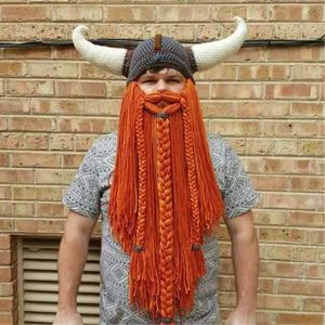 Wide Brim Hats Bucket Hats Christmas Funny Men's Viking Knitted Wig Long Beard Horn Hat Vagabond Barbarian Crazy Ski Cap Beanie Halloween 231016