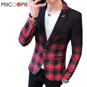 Moda Sfumatura di Colore Plaid da Uomo Giacca Sportiva Giacca Sottile Business Casual Singolo Bottone Abito da Uomo Abiti Formato Asiatico Giacca Masculino201w