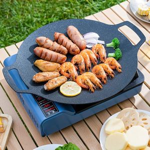 BBQ Tools Tillbehör Gianxi Grill Pan Korean Round Nonstick Barbecue Plate Outdoor Travel Camping Frying 231017