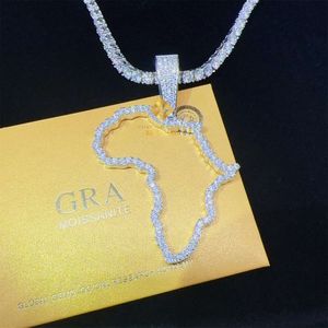 Ciondolo Hip Hop con gioielli brillanti di fuoco ghiacciato 925 Collana con ciondolo mappa Africa in argento bianco oro VVS1 Moissanite