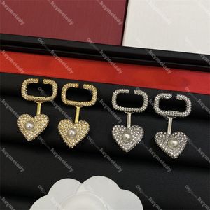 Full Diamond Designer Hoop Earrings Love Pearl Pendant Earrings Gold Crystal Heart Earring With Box