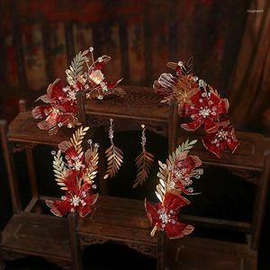 Haarspangen, chinesische Tiara, Kopfbedeckung, klassische rote Blumen, flüssiger antiker Kristall, Hochzeitsaccessoires