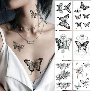 5 PC Tatuagens Temporárias À Prova D 'Água Tatuagem Adesivos Preto Borboleta Rosa Transferência Flash Tatoo Mulheres Sexy Pescoço Mão Peito Arte Corporal Falso 231018