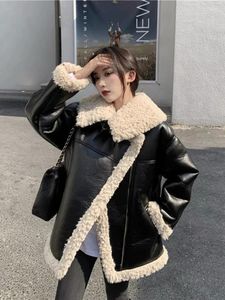 Women's Leather Black PU One Piece Motorcycle Wear Lamb Wool Coat Autumn Winter 2023 Korean Loose Plush