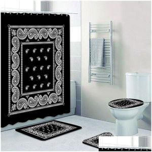 Tende da doccia Nero Bianco Paisley Bandana Modello Tenda da bagno Set doccia per bordo floreale Ornamento Tappetini da bagno Tappeto Dec Dhgarden Dhumt