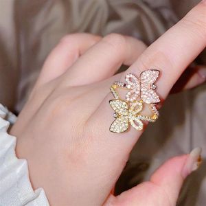 Cute Two Tone 925 Sterling Silver Double Butterfly Rings for Women Bling Zircon Luxury Resizable Opening Rings Jewelry226i