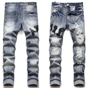 Mens Patchwork Jeans Patch Distressed Denim Pants Skinny fit Slim stretch Men's Ripped Holes Jean Washed Embroidery size 29-38 Gray Trouser Brand New