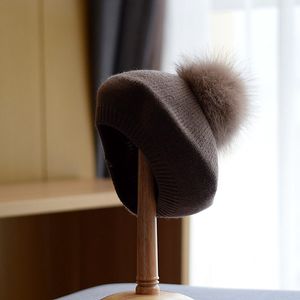 Шерстяная шапка с лисьими волосами, женская мода, универсальный шерстяной простой повседневный универсальный вязаный берет