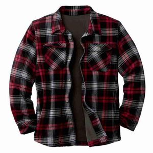 Men's Dress Shirts Fashion Plaid Shirt Jacket Long Sleeved Quilt Lined Brushed Flannel Rugged Lapel Collar Sleeve Loose Outer306S