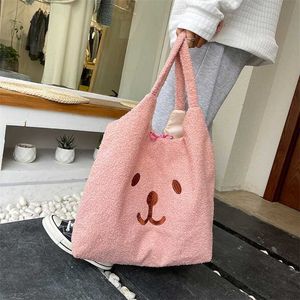 Winters Evening Bags Japan och Korea Ins Cute Cartoon Shoulder Bag Women Simple Large Capacity Plush Bag Girl Bear Head Lamb Haam Handväska