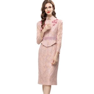 Women's Runway Dresses Stand Collar Long Sleeves Embroidery Lace Beaded Peplum Elegant Pencil Vestidos