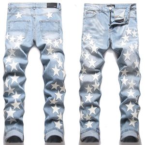 Mens Patchwork Kot Patch Sıkıntılı Denim Pantolon Sıska Fit İnce Streç Erkek Yırtık Moto Jean Yıkanmış Beyaz Deri Yıldızlar Nakış Boyutu 29-38 Gri Pantolon