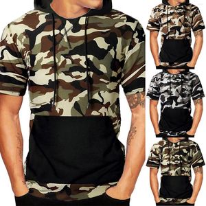 Herren Freizeithemden Camouflage Shirt Top Kurzarm Bluse Kapuzenpullover Lose Mode Sport Taschen T-Shirt Tops