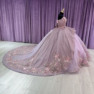 Блестящие лавандовые 3D цветы с открытыми плечами Платье Quinceanera с оборками и бусинами Бальное платье принцессы для Sweet 16 Платье на шнуровке