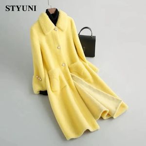 Womens ull blandar gul fast tjock ull långärmad hög midja med bältesknappar jacka koreansk modeklocka vinter 231018