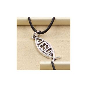Pendant Necklaces Sell 20Pcs/Lot Tibetan Sier Fish Jesus My Soldier Necklace Choker Charms Pendant Black Leather Jewelry Necklaces Pen Dhf4R