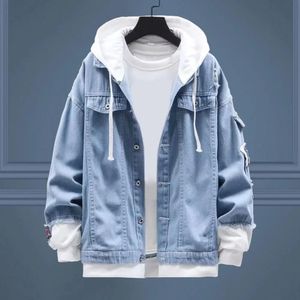 Mens Jackets Spring Autumn Men Denim Jacket Hooded Drawstring Flap Pockets Long Sleeve Coat Single Breasted Ripped Holes Outerwear 231018