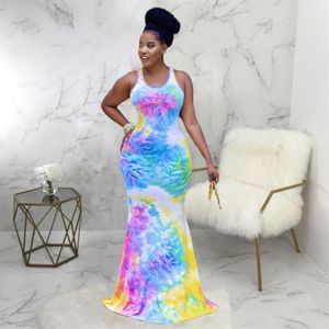 Casual Dresses Rainbow Tie Dye Print Summer Mermaid Long Dress Women Sleeveless Back Cut Out Party Elegant Female Bandage BodyCon316b