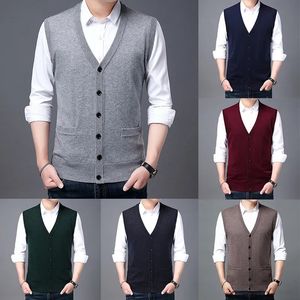 Men's Sweaters Wool Blended Vest Sweater Sleeveless Button Knitwear Coat For Men V Neck Cardigan Solid Color Outwear Winter Warm Tops 231017