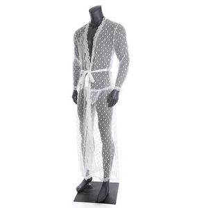 Mens Sleepwear Sexy Long Robe Transparent Lace Cardigan Bathrobe One-piece Lungewear Nightwear With T-back Belt Men's299z