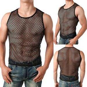 Maglia da uomo Top Sport Sheer Slim Fit Training T-shirt trasparente Top Sexy Fish Net Muscle Tee Vest M-XXL308c