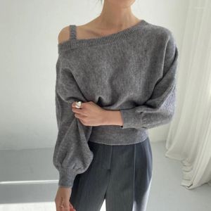 Suéteres femininos estilo coreano chique alça de ombro pulôver outono/inverno batwing manga comprida tops malhas vintage slash neck suéter